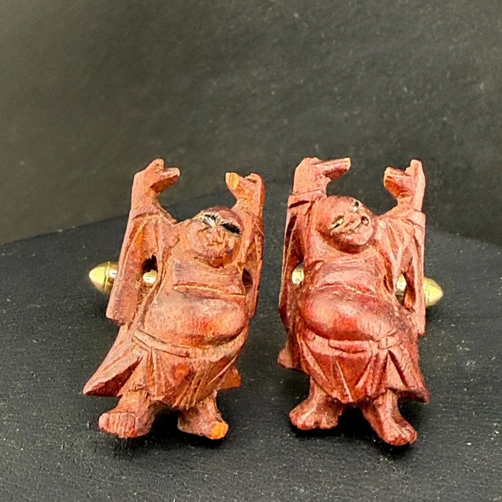 Vintage Carved Buddha Cufflinks‎ Wood